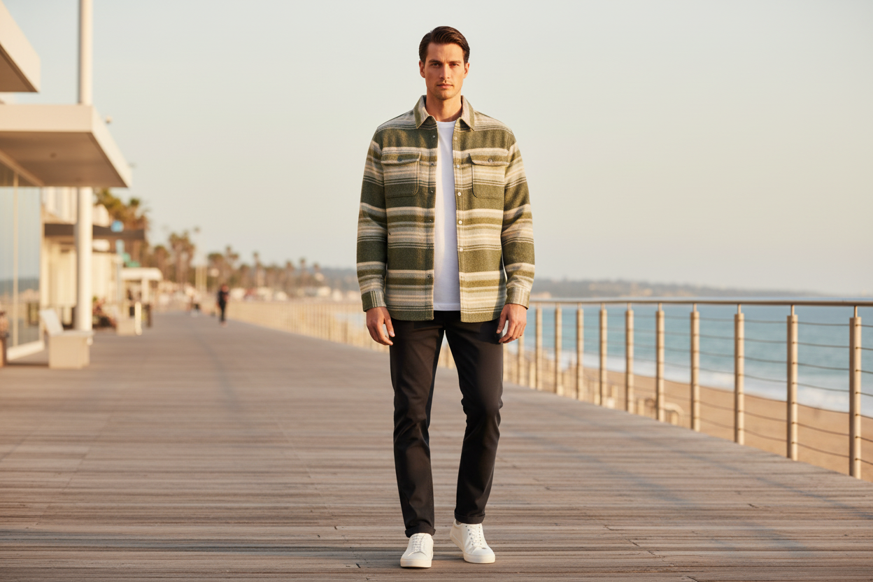 Luxury Striped Overshirt Jacket - Forest Olive Stripe - Lifestyle