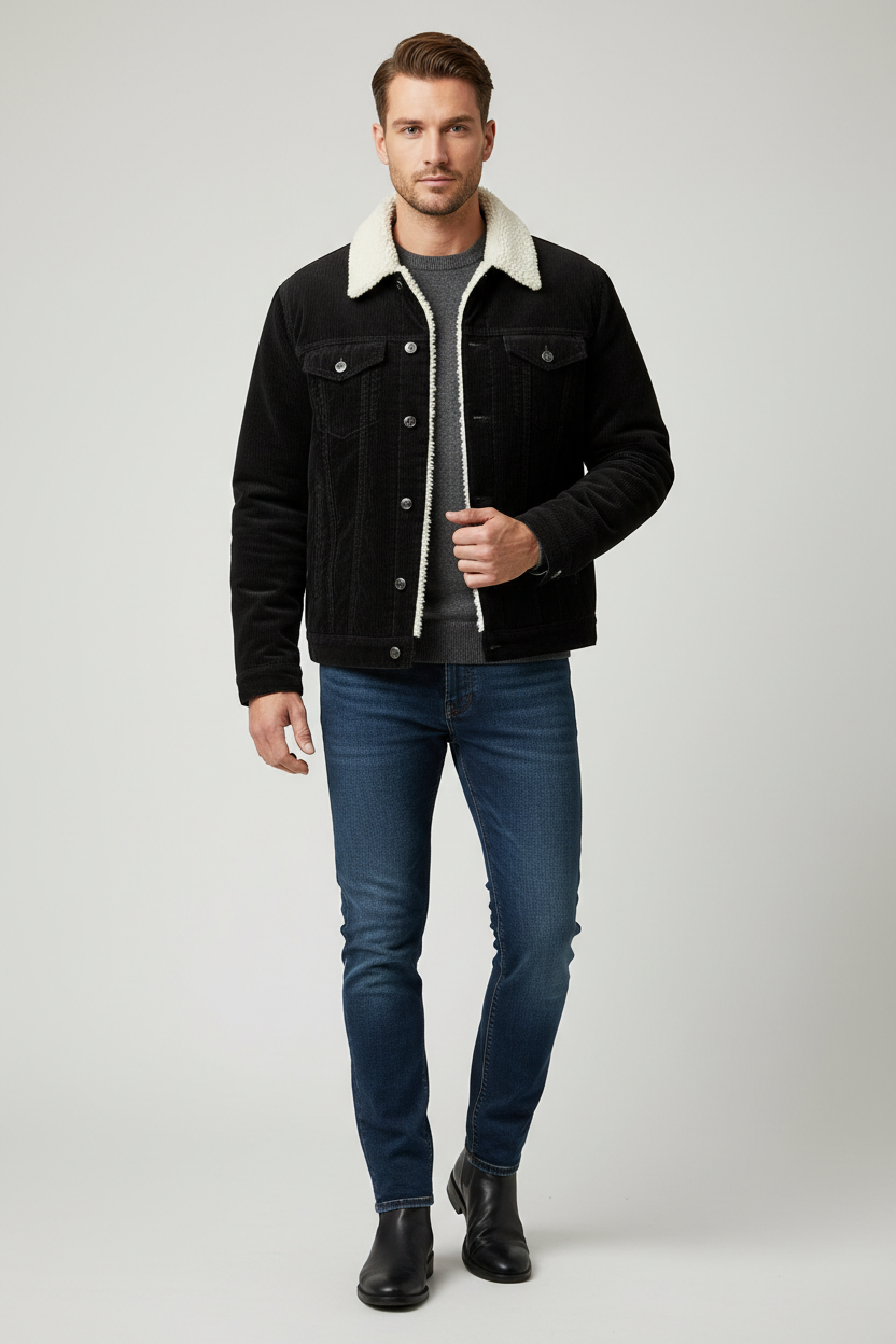 Luxury Sherpa-Collar Corduroy Trucker Jacket - Midnight Black - Front Full Body