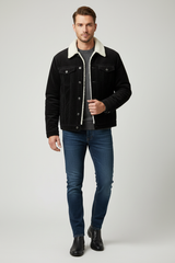 Luxury Sherpa-Collar Corduroy Trucker Jacket - Midnight Black - Front Full Body