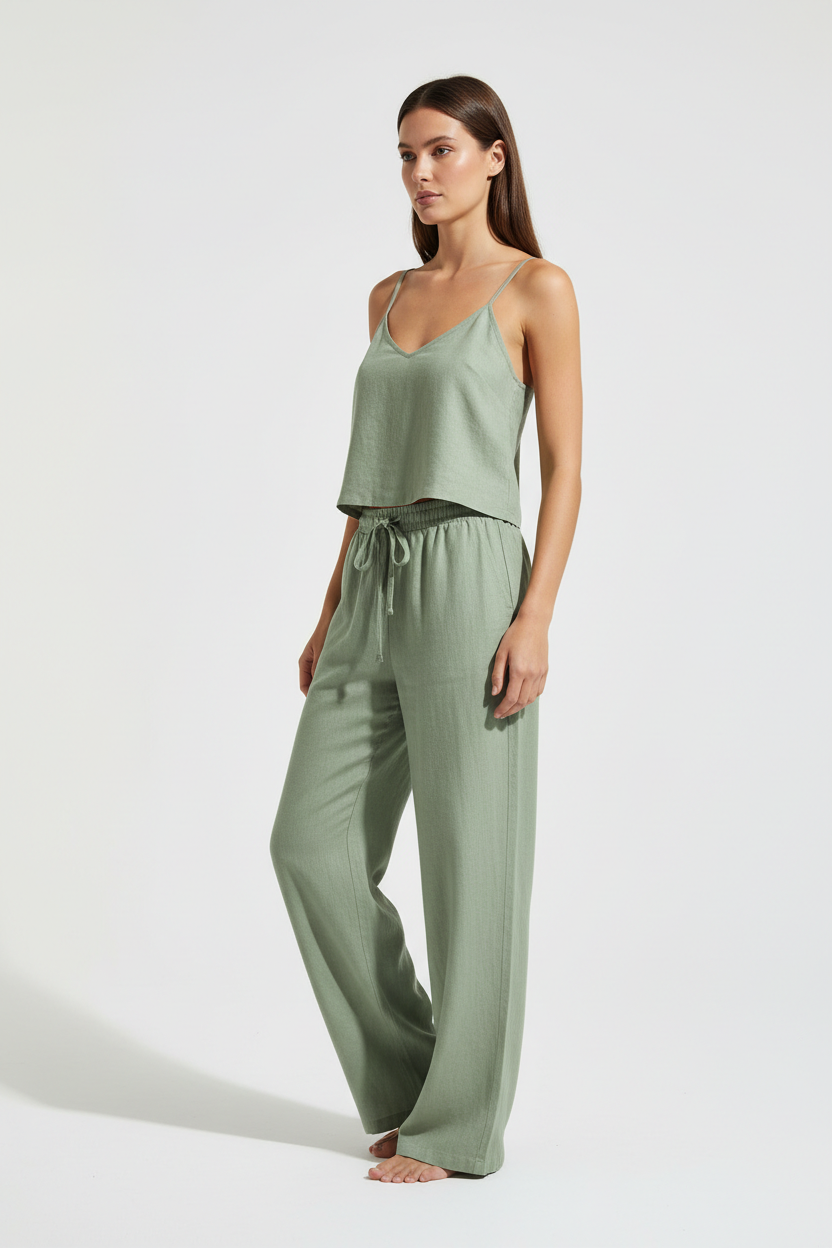 Luxury Minimal Linen Resort Set in Muted Sage Linen - Three Quarter Editorial