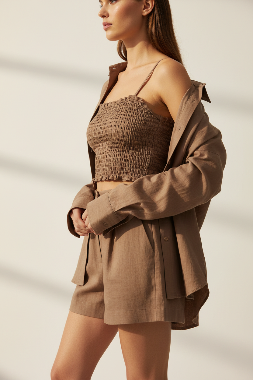 Luxury Smocked Camisole & Summer Shirt Set in Soft Cocoa Taupe - Side Pose