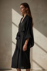 Luxury Lounge Robe Dress in Midnight Black - Side Standing