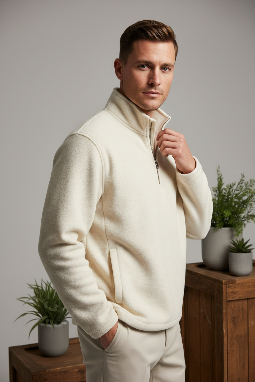 Luxury Fleece Half-Zip Pullover - Soft Ivory Cream - Three Quarter Editorial