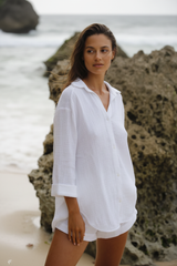 Luxury Oversized Beach Shirt Set in Soft Coconut White - Three Quarter Editorial