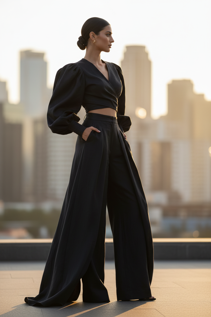 Luxury Tailored Puff-Sleeve Pants Co-ord Set in Midnight Black - Side Angle