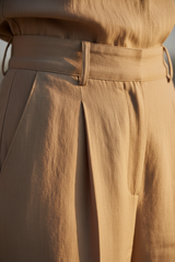 Luxury Tailored Puff-Sleeve Pants Co-ord Set in Warm Sand Beige - Fabric Detail