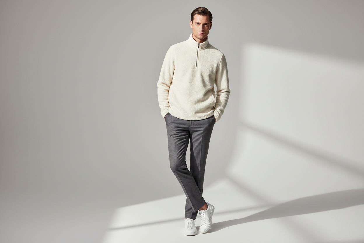 Luxury Fleece Half-Zip Pullover - Soft Ivory Cream - Lifestyle Campaign