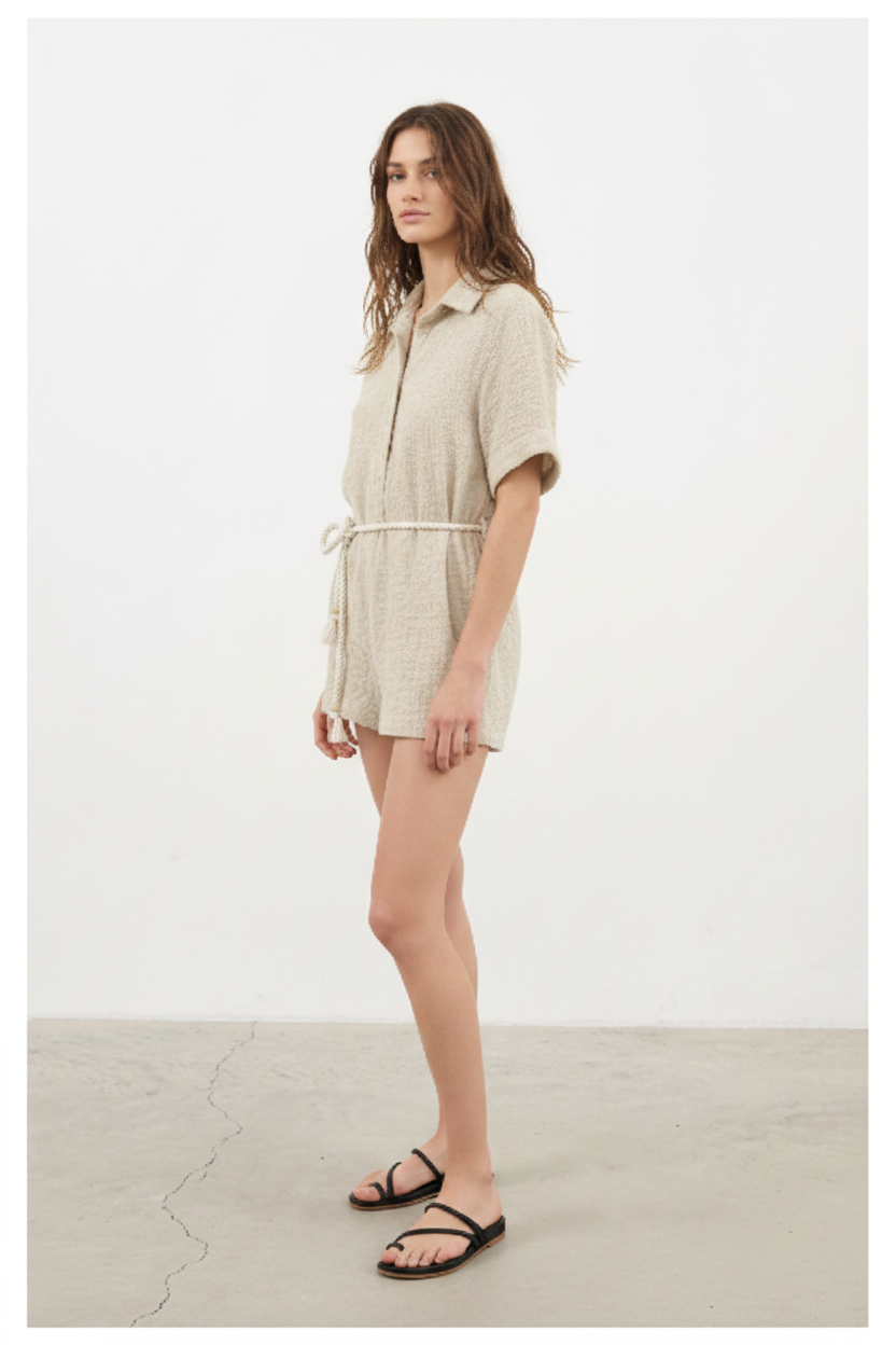 Luxury Linen Lounge Romper in Soft Sand Beige - Three Quarter Editorial
