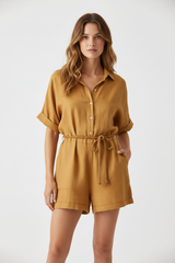 Luxury Linen Lounge Romper in Golden Desert Linen - Front Full Body
