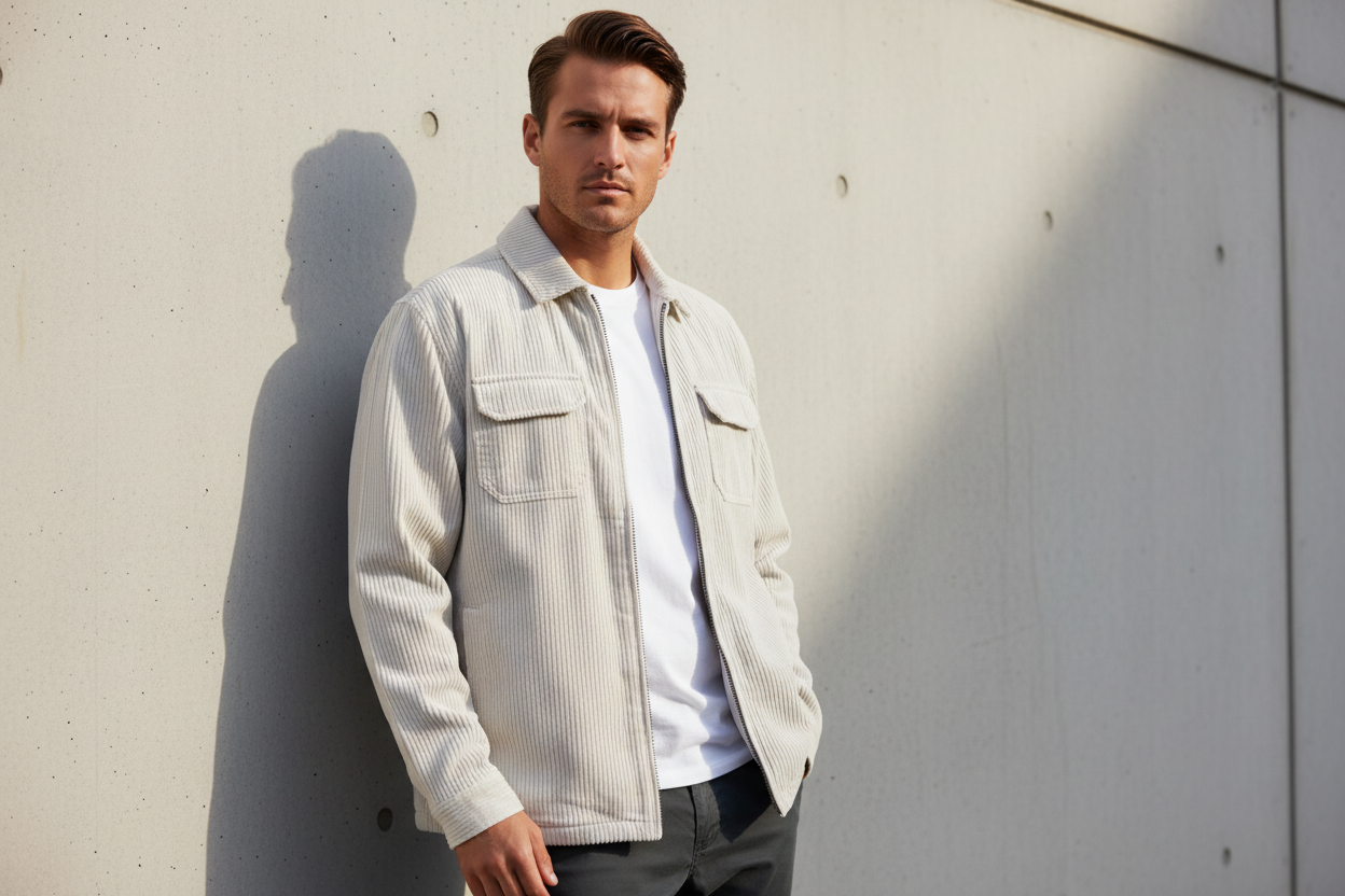 Luxury Corduroy Zip-Up Jacket - Soft Ivory Cream - Lifestyle Campaign