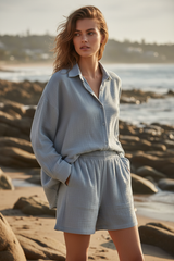 Luxury Oversized Beach Shirt Set in Ocean Mist Grey - Three Quarter Editorial