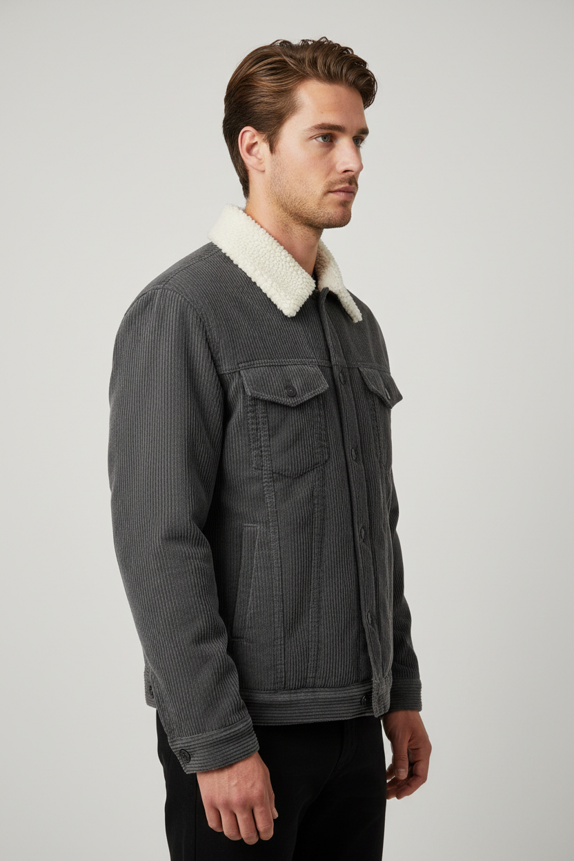 Luxury Sherpa-Collar Corduroy Trucker Jacket - Charcoal Grey - Side Angle