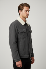 Luxury Sherpa-Collar Corduroy Trucker Jacket - Charcoal Grey - Side Angle