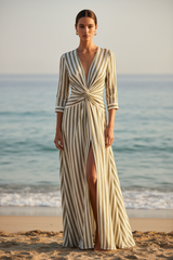 Luxury Striped Twist-Front Maxi Dress in Muted Olive & Cream Stripe - Front View