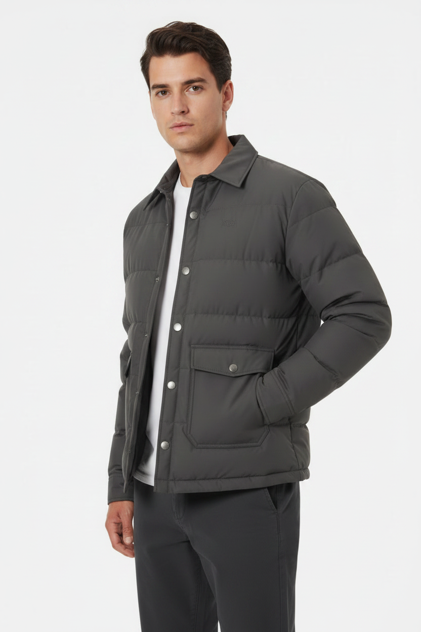 Luxury Quilted Puffer Jacket - Charcoal Grey - Three Quarter