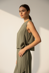 Luxury Sleeveless Crinkle Crop Top in Muted Olive Stone - Side Pose