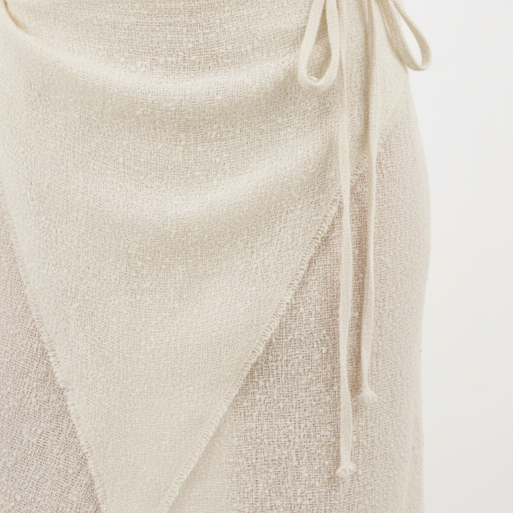 Luxury Beach Wrap Skirt Set in Soft Ivory Sand - Close-up Fabric Detail