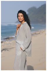 Soft Ivory & Charcoal Stripe – Three-Quarter Editorial