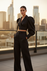 Luxury Tailored Puff-Sleeve Pants Co-ord Set in Midnight Black - Three Quarter Editorial