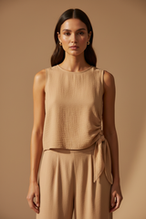 Luxury Sleeveless Crinkle Crop Top in Warm Sand Beige - Front View