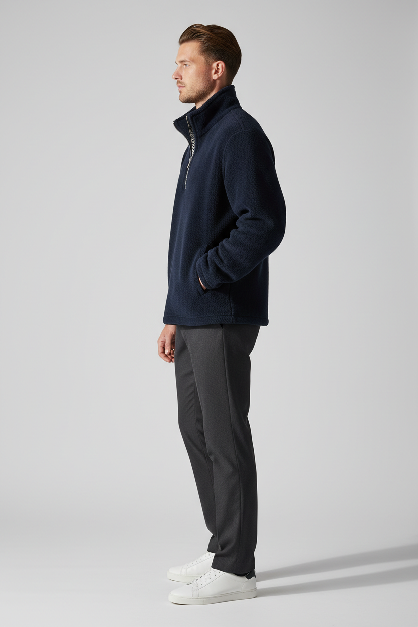 Luxury Fleece Half-Zip Pullover - Deep Navy Blue - Side Angle