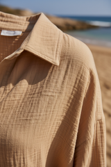 Luxury Oversized Beach Shirt Set in Warm Sand Beige - Fabric Detail