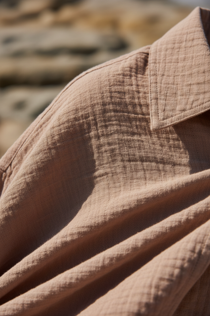 Luxury Oversized Beach Shirt Set in Dusty Clay Nude - Fabric Detail