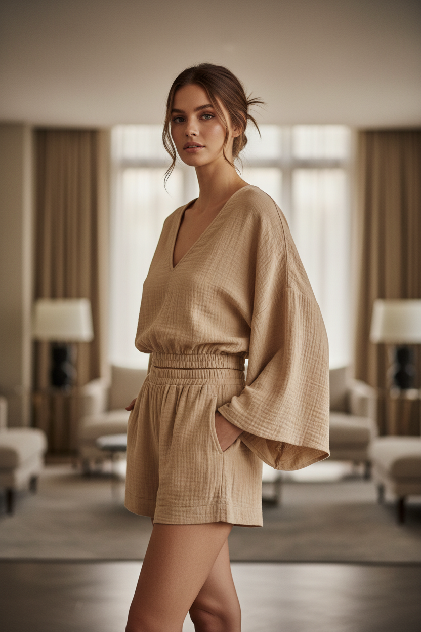 Luxury Minimal Lounge Set in Stone Taupe Cream - Three Quarter Editorial