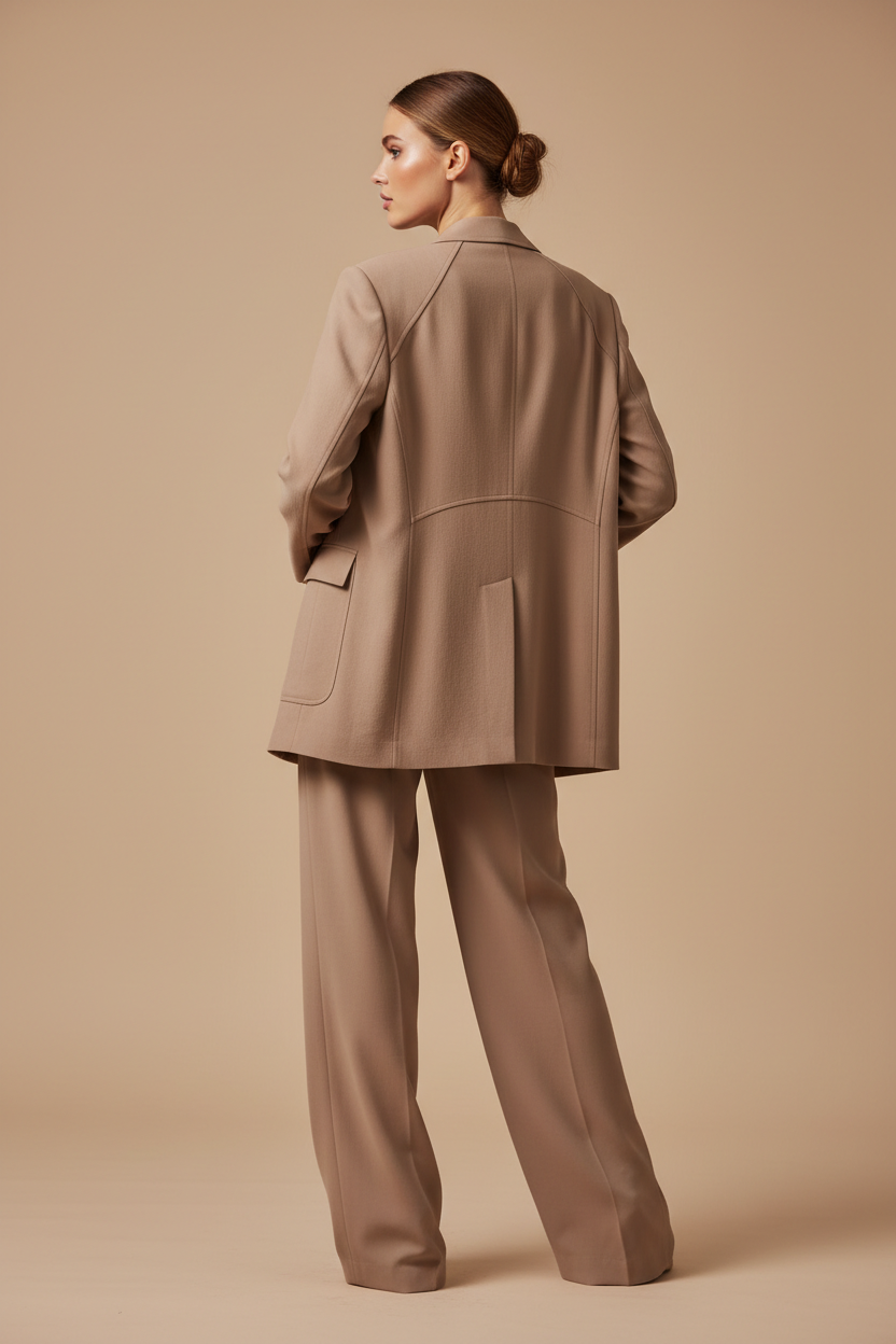 Luxury Oversized Textured Jacket Set in Stone Taupe - Back View
