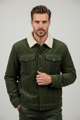 Luxury Sherpa-Collar Corduroy Trucker Jacket - Olive Forest Green - Front Full Body