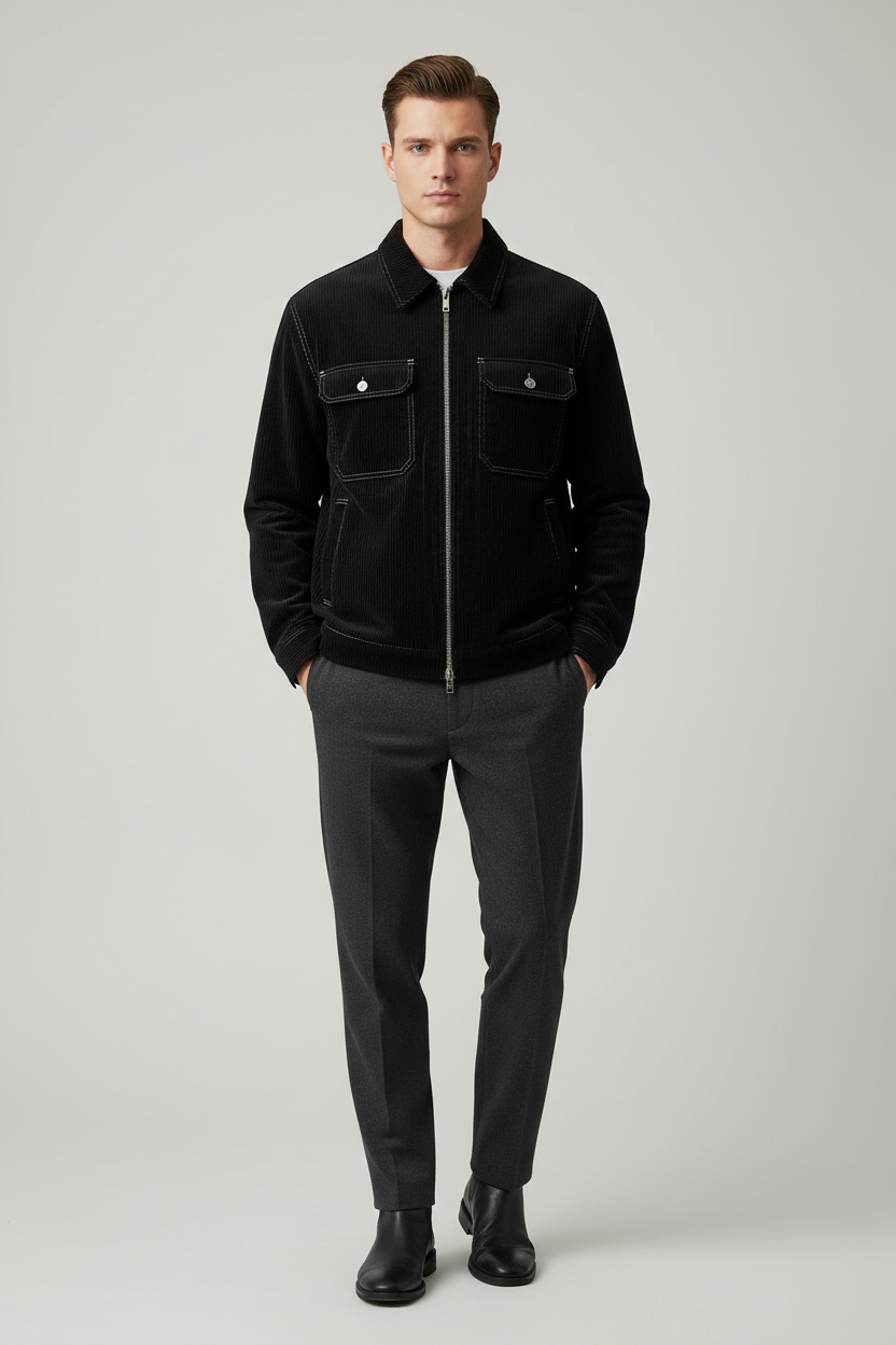 Luxury Corduroy Zip-Up Jacket - Midnight Black - Front Full Body