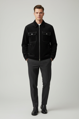 Luxury Corduroy Zip-Up Jacket - Midnight Black - Front Full Body
