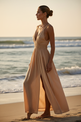 Luxury Resort Lounge Maxi Dress in Warm Sand Beige - Side Standing