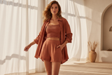 Luxury Smocked Camisole & Summer Shirt Set in Dusty Terracotta - Lifestyle