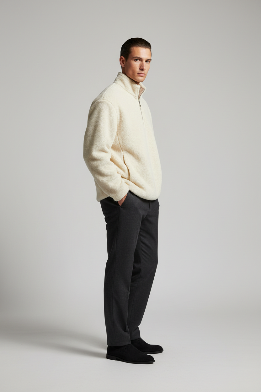 Luxury Fleece Half-Zip Pullover - Soft Ivory Cream - Side Angle