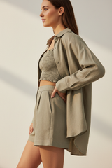 Luxury Smocked Camisole & Summer Shirt Set in Muted Sage Nude - Side Pose