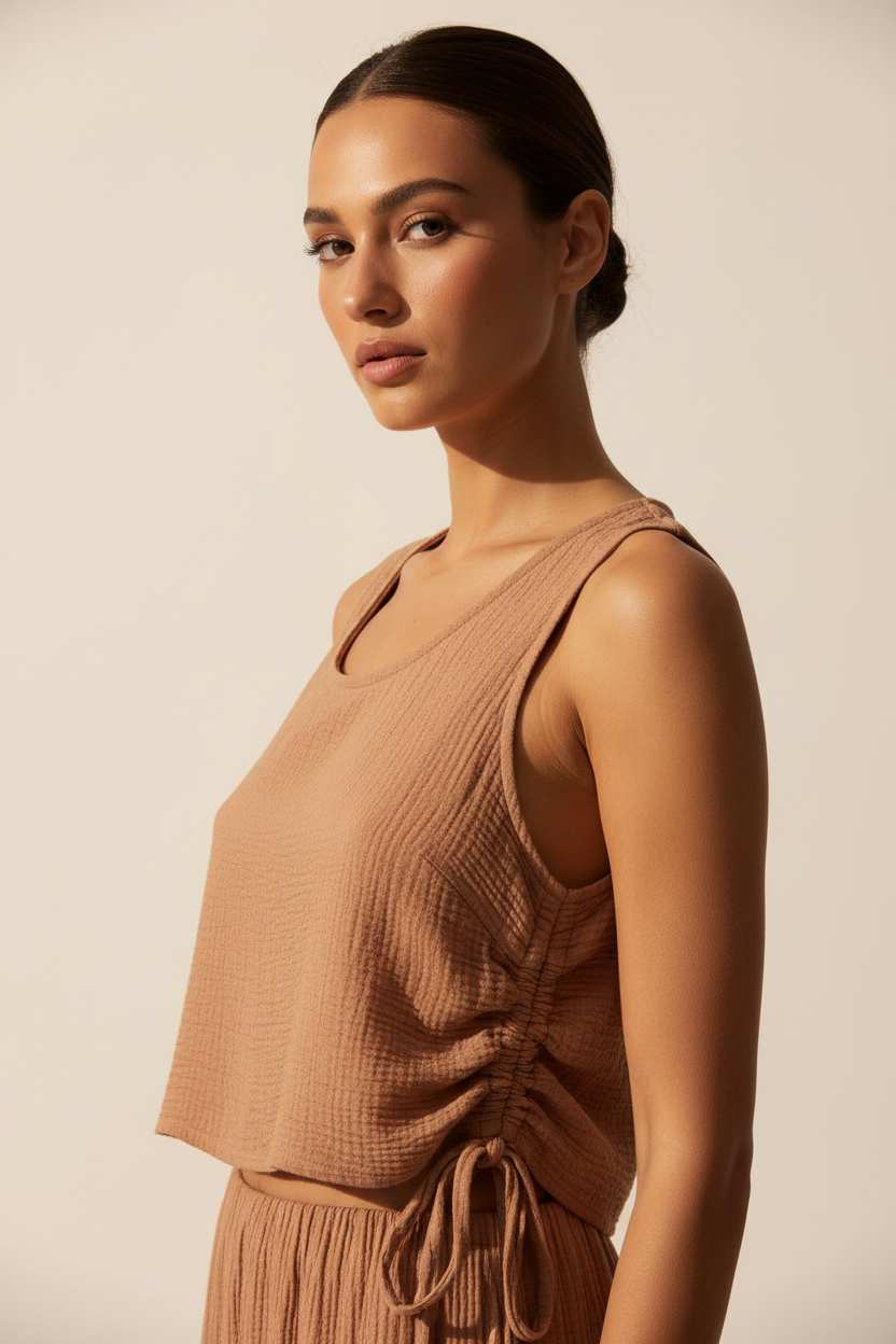 Luxury Sleeveless Crinkle Crop Top in Soft Cocoa Nude - Side Pose
