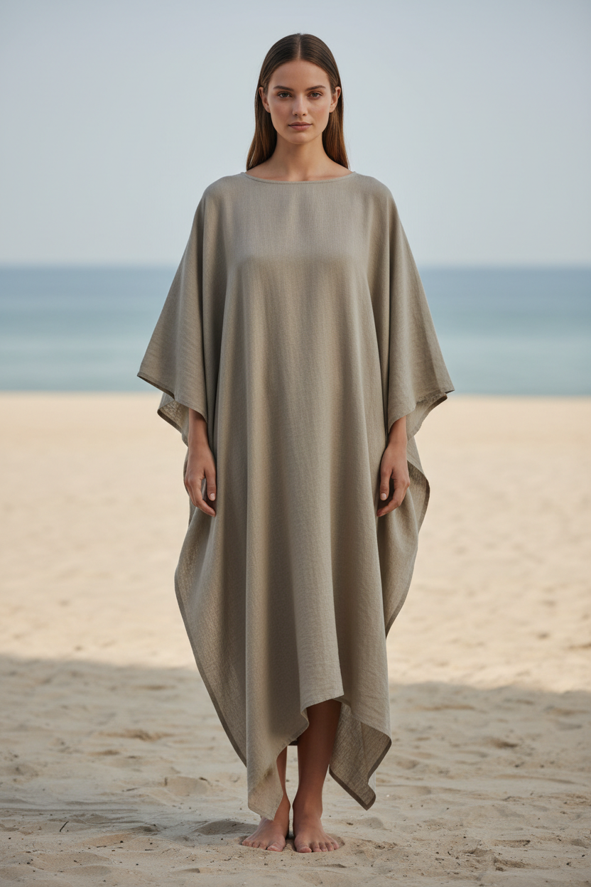 Luxury Resort Kaftan in Warm Stone Grey - Front Full Body