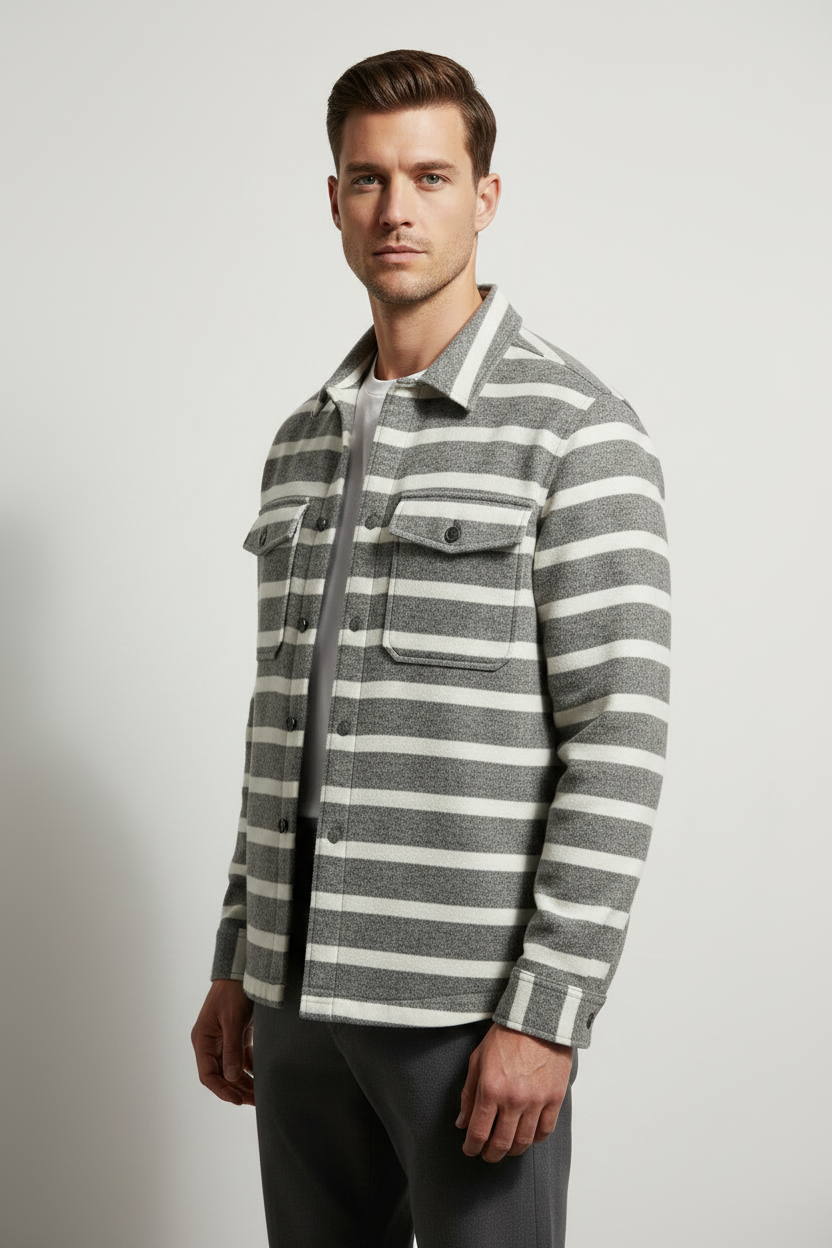 Luxury Striped Overshirt Jacket - Stone Grey Stripe - Three Quarter