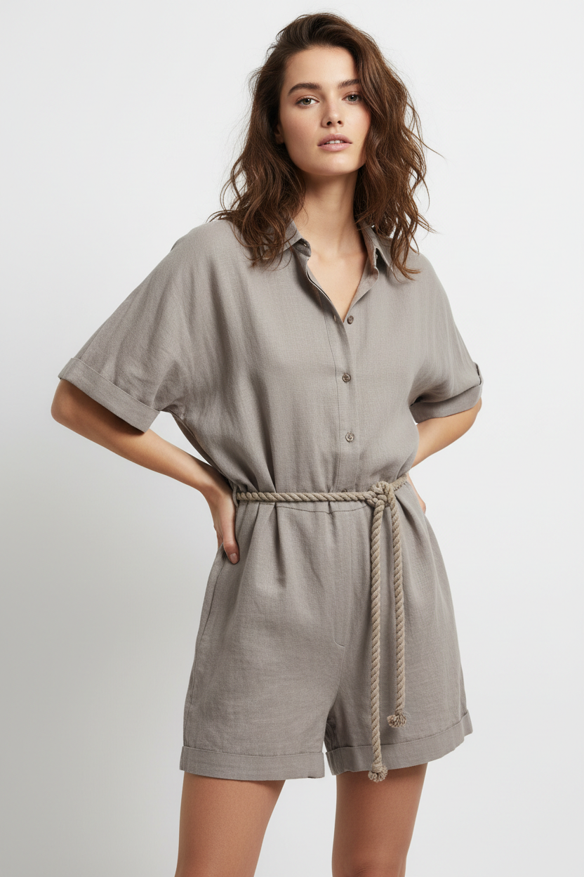 Luxury Linen Lounge Romper in Muted Stone Taupe - Three Quarter Editorial