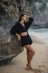 Luxury Beach Night Lounge Set in Midnight Black - Three Quarter Editorial