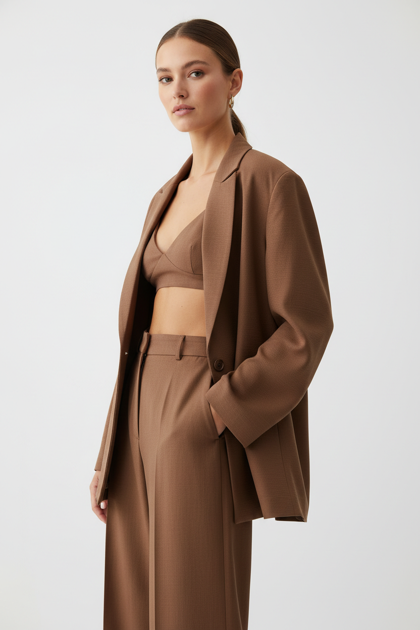 Luxury Oversized Textured Jacket Set in Soft Mocha Brown - Three Quarter Pose