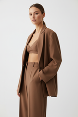 Luxury Oversized Textured Jacket Set in Soft Mocha Brown - Three Quarter Pose
