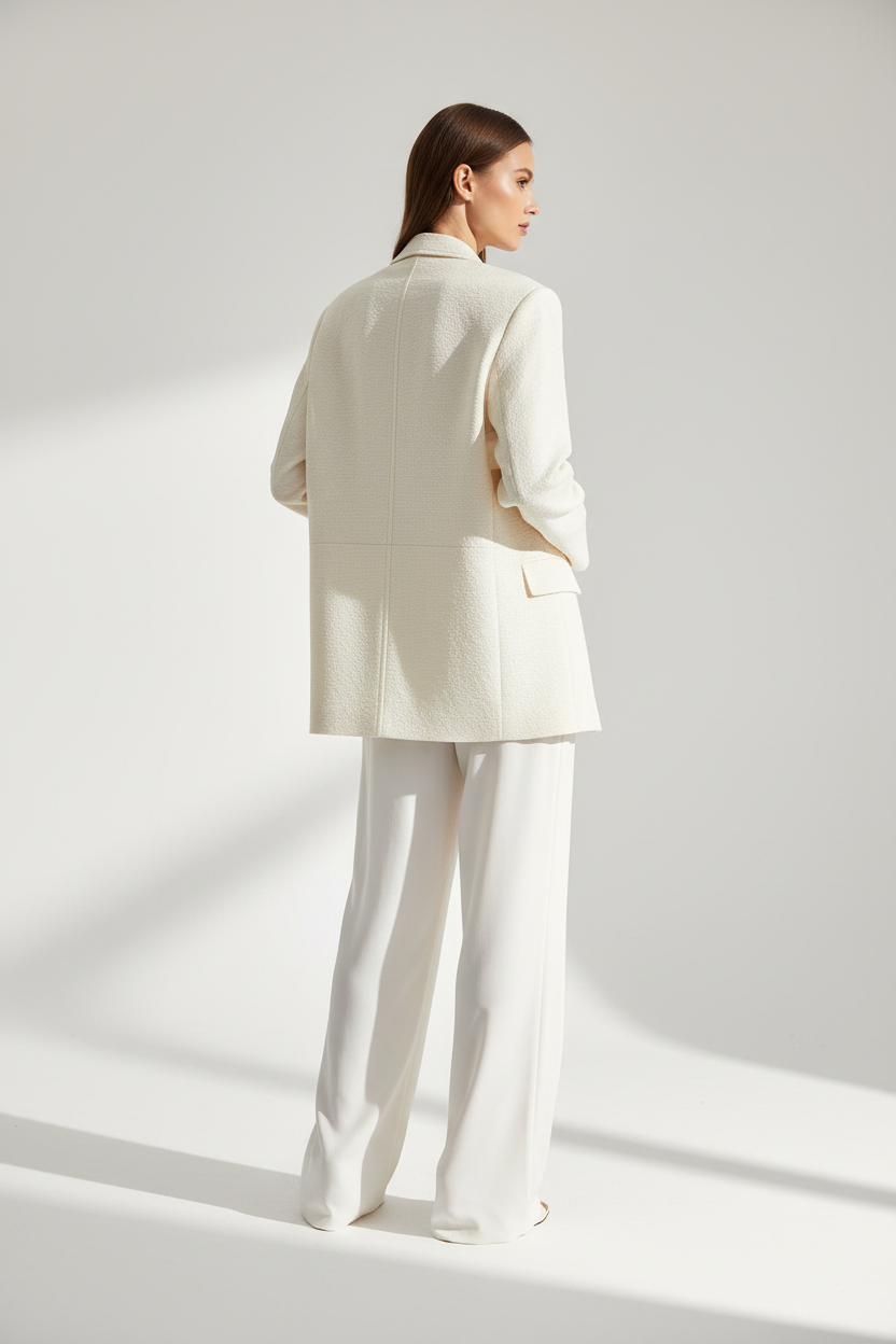 Luxury Oversized Textured Jacket Set in Ivory Cream - Back View