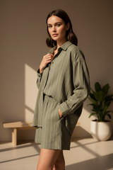 Luxury Striped Loungewear Short Set in Dusty Olive Stripe - Editorial Pose