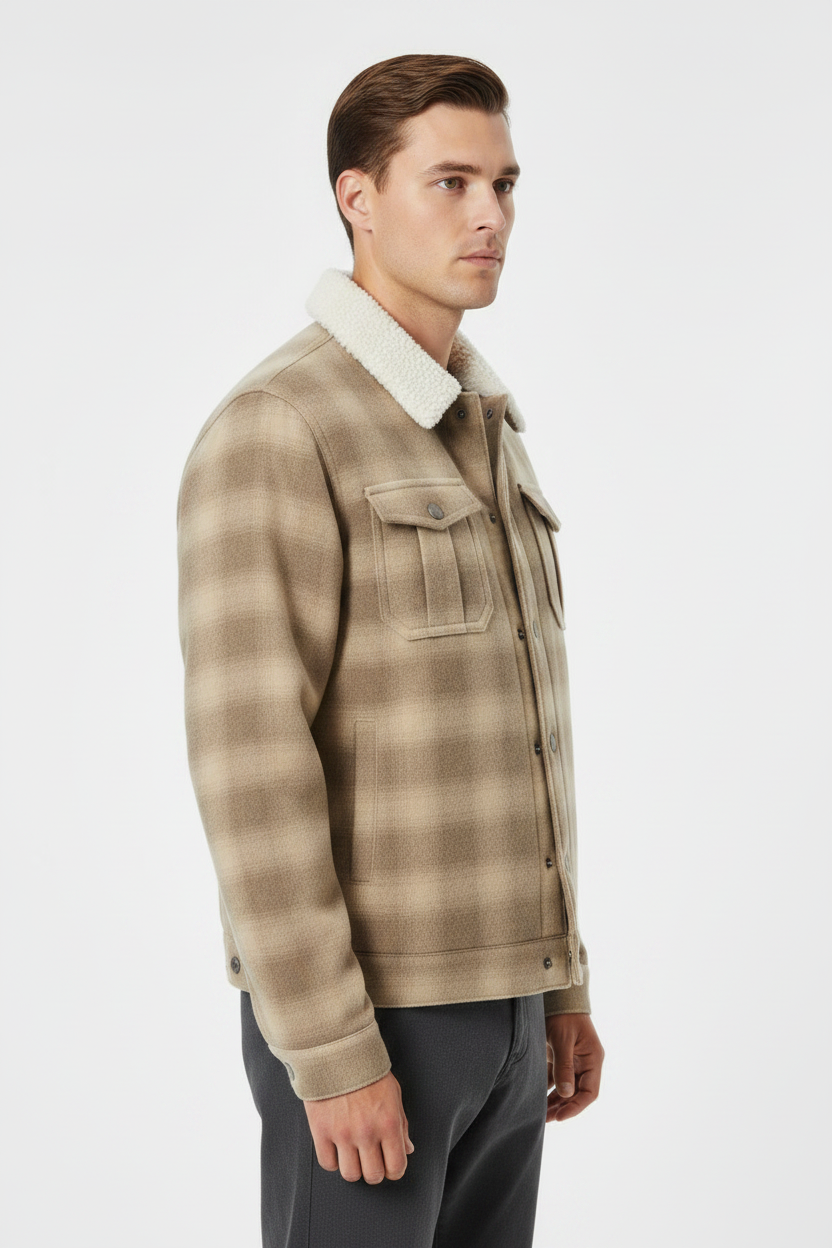 Luxury Plaid Sherpa-Collar Trucker Jacket - Sandstone Beige - Side Angle