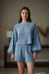 Luxury Minimal Lounge Set in Soft Cloud Blue - Relaxed Standing