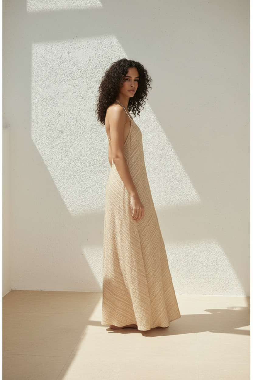 Crinkled Resort Maxi Dress in Sand Beige - Lifestyle