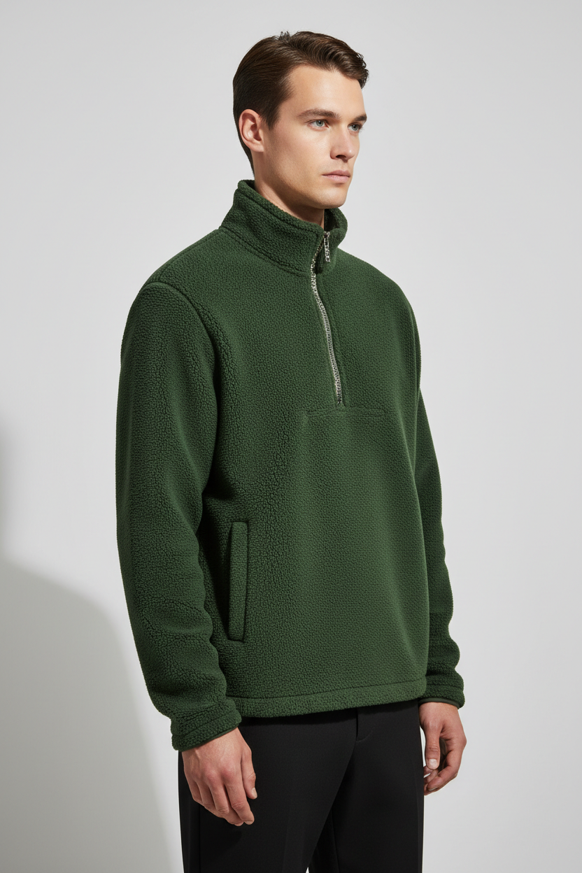 Luxury Fleece Half-Zip Pullover - Forest Moss Green - Side Angle