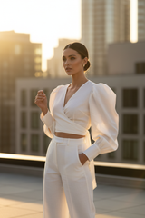 Luxury Tailored Puff-Sleeve Pants Co-ord Set in Soft Coconut White - Three Quarter Editorial